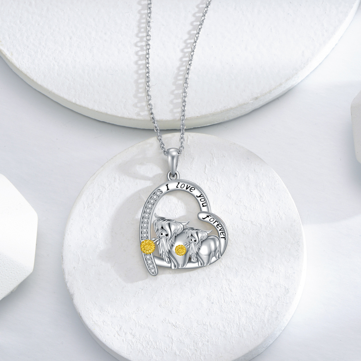 Sterling Silver Two-tone Circular Shaped Cubic Zirconia Highland Cow & Heart Pendant Necklace with Engraved Word-4