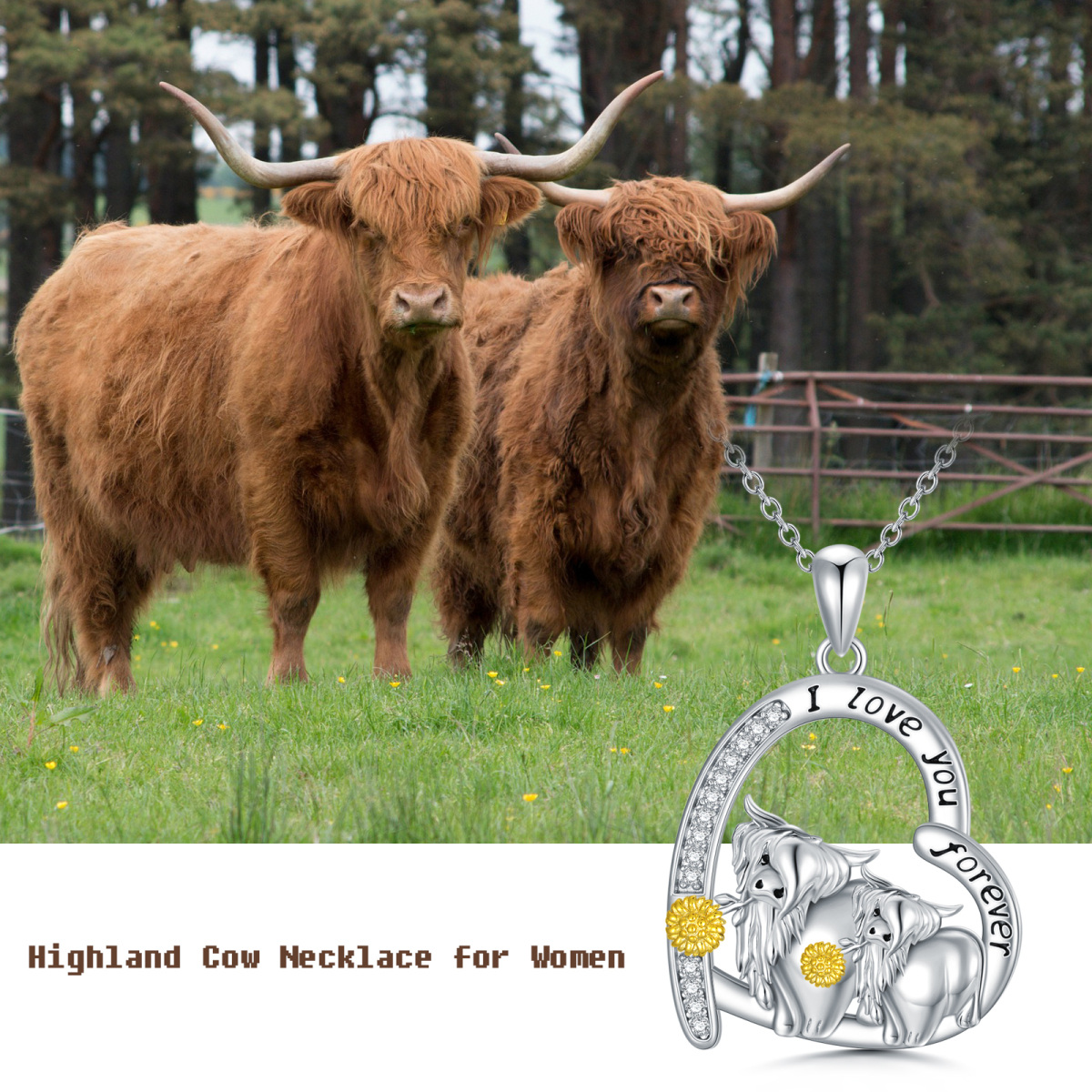 Sterling Silver Two-tone Circular Shaped Cubic Zirconia Highland Cow & Heart Pendant Necklace with Engraved Word-5