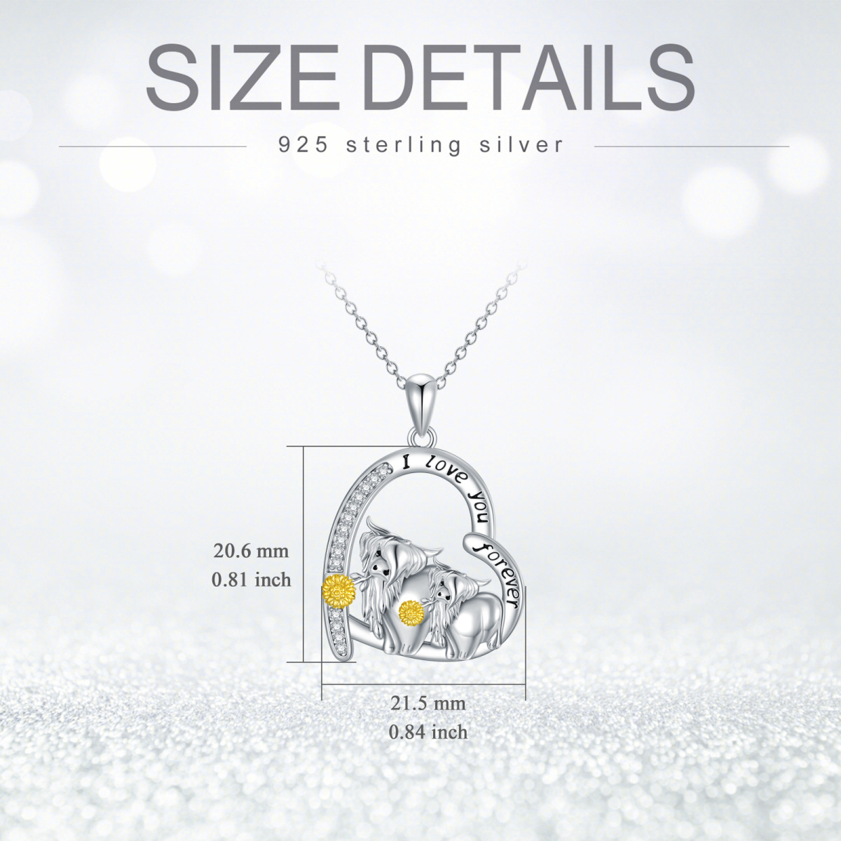 Sterling Silver Two-tone Circular Shaped Cubic Zirconia Highland Cow & Heart Pendant Necklace with Engraved Word-6