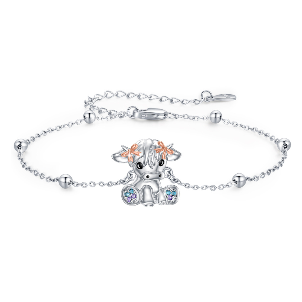 Pulsera de plata de ley de dos tonos con forma circular de circonita cúbica Highland Cow P-1