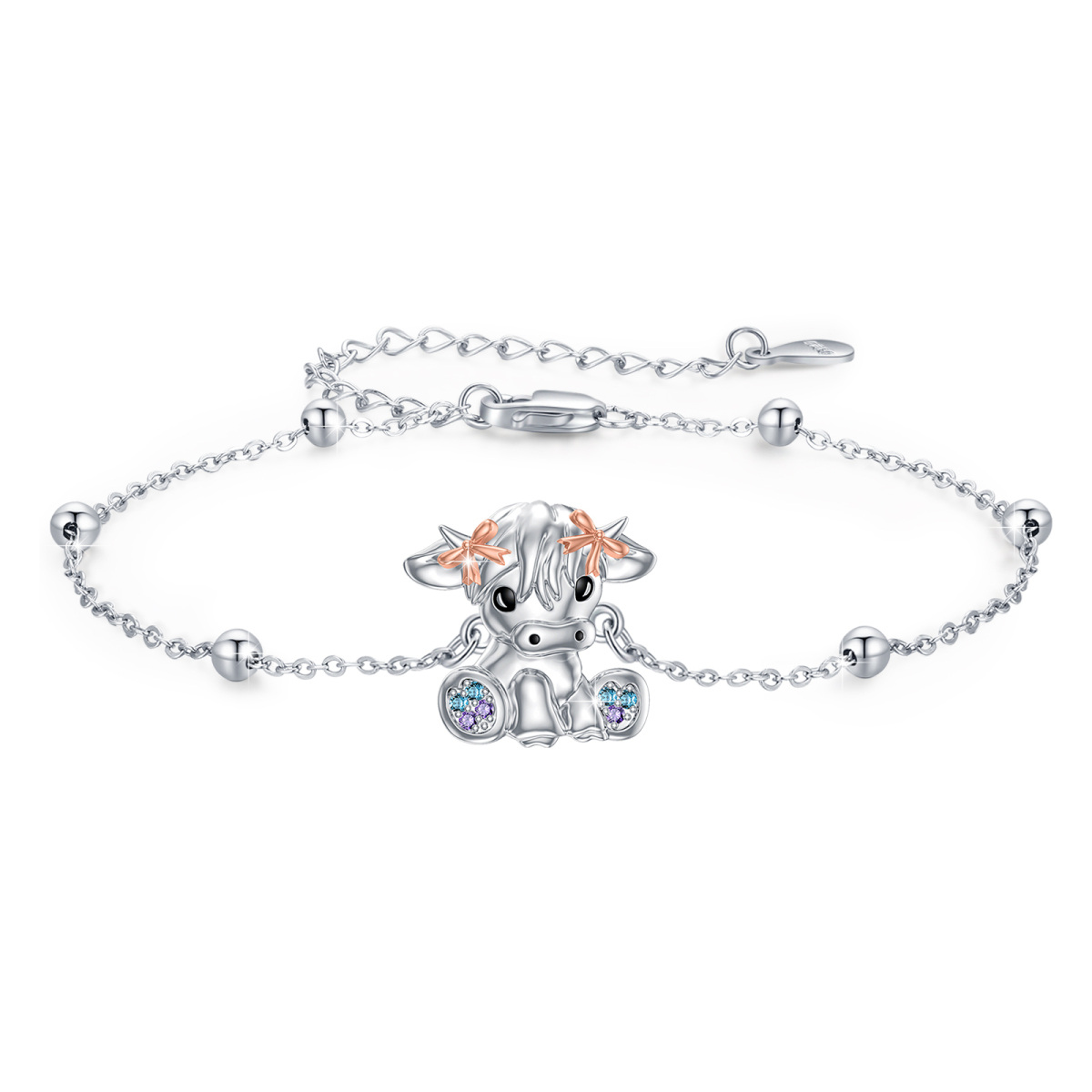 Sterling Silver Two-tone Circular Shaped Cubic Zirconia Highland Cow Charm Bracelet-1