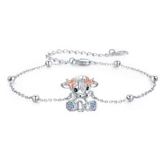 Sterling Silver Two-tone Circular Shaped Cubic Zirconia Highland Cow Pendant Bracelet-14