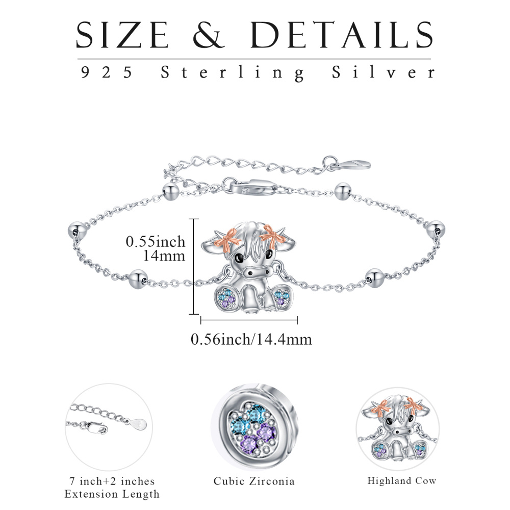 Pulsera de plata de ley de dos tonos con forma circular de circonita cúbica Highland Cow P-4