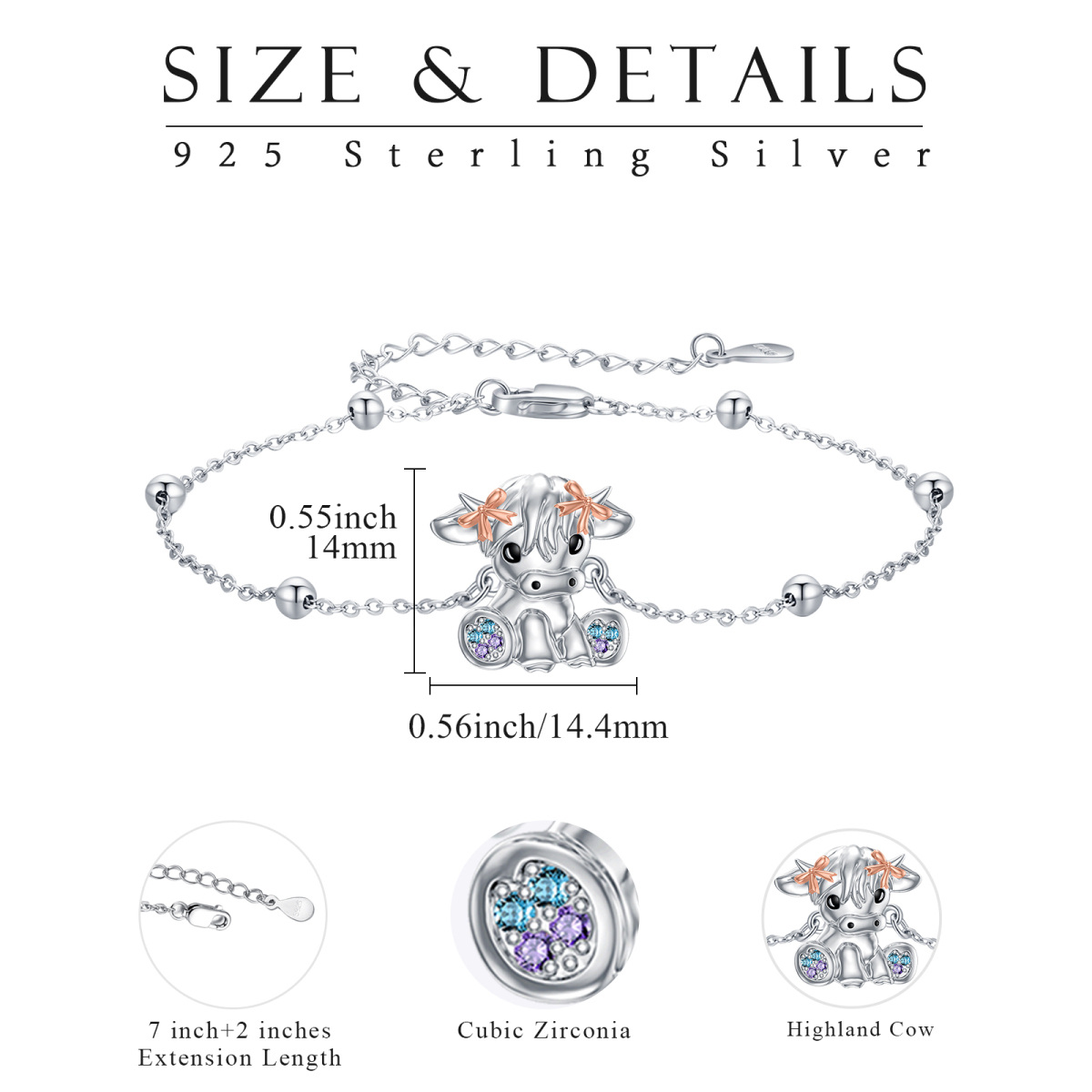 Sterling Silver Two-tone Circular Shaped Cubic Zirconia Highland Cow Charm Bracelet-4