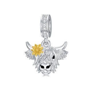 Sterling Silver Two-tone Circular Shaped Cubic Zirconia Highland Cow & Sunflower Bead Charm-17