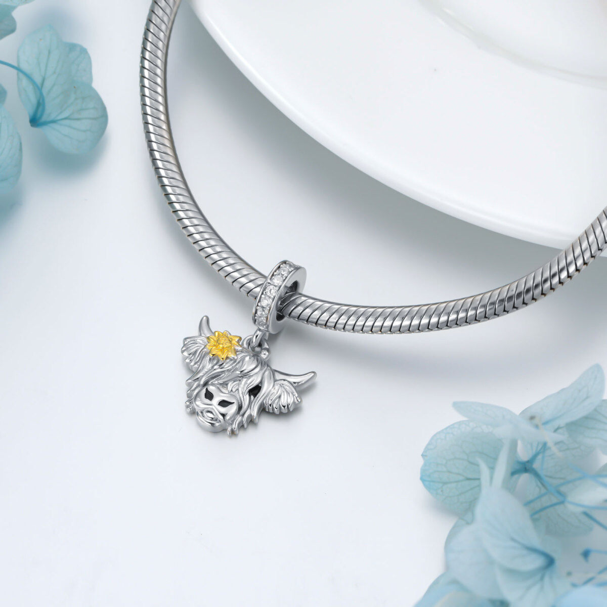 Sterling Silver Two-tone Circular Shaped Cubic Zirconia Highland Cow & Sunflower Bead Charm-3