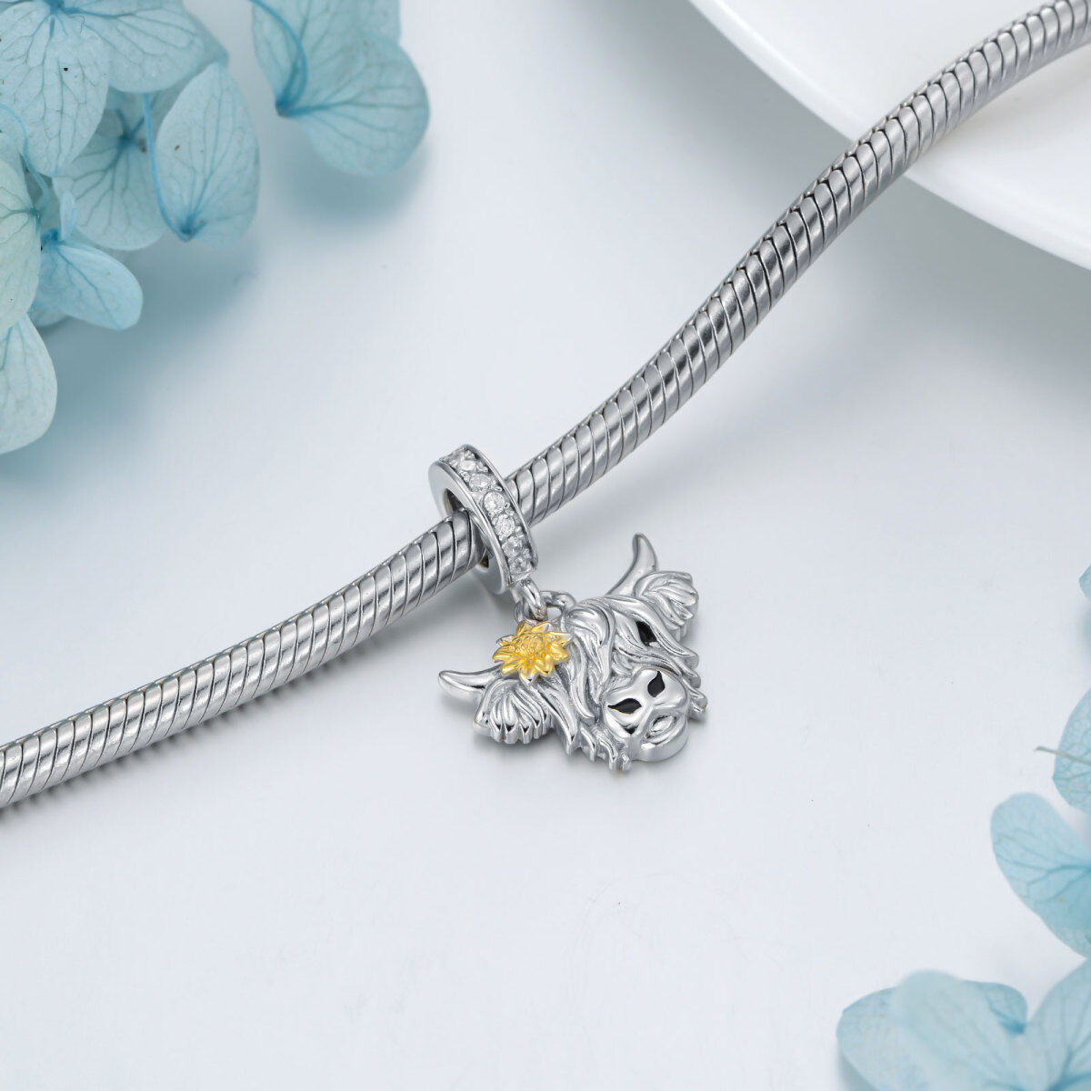 Sterling Silber zweifarbig kreisförmig Cubic Zirkonia Highland Kuh & Sonnenblume Bead Char-4