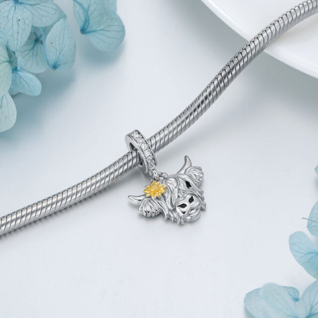 Charm in argento sterling bicolore a forma di circolare con perline di mucca e girasole di-4