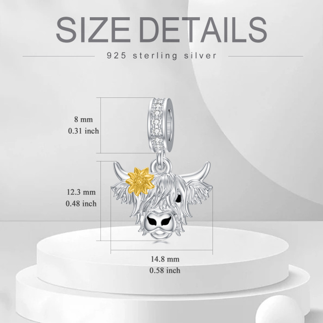 Sterling Silver Two-tone Circular Shaped Cubic Zirconia Highland Cow & Sunflower Bead Charm-5