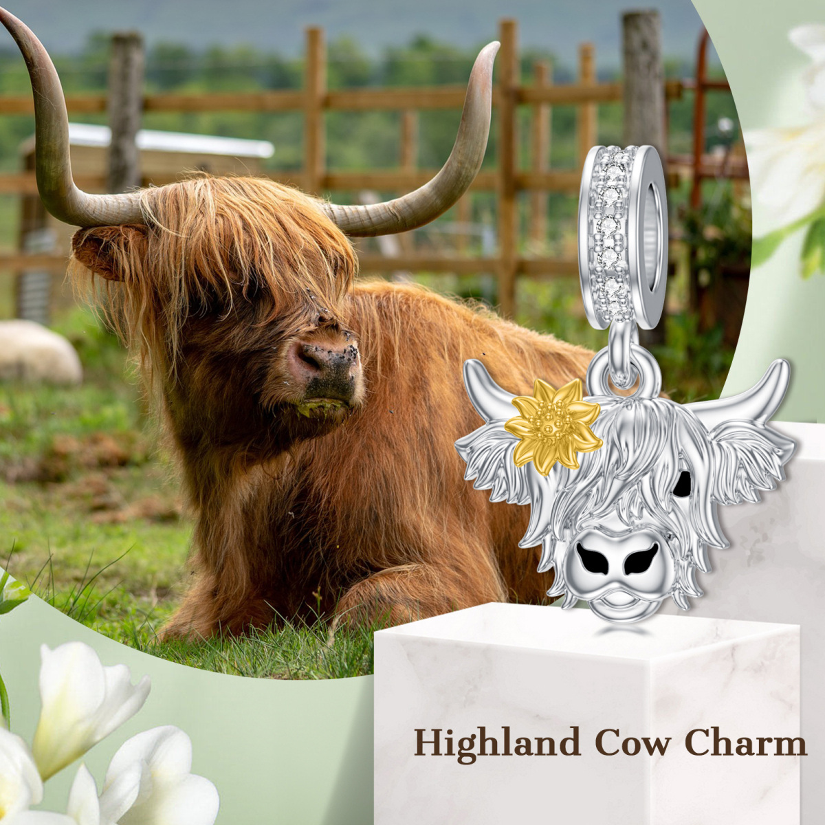 Sterling Silver Two-tone Circular Shaped Cubic Zirconia Highland Cow & Sunflower Bead Charm-6