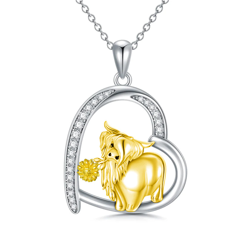 Sterling Silver With Yellow Gold Plated Cubic Zirconia Highland Cow Sunflower Heart Pendant Necklace For Women-1