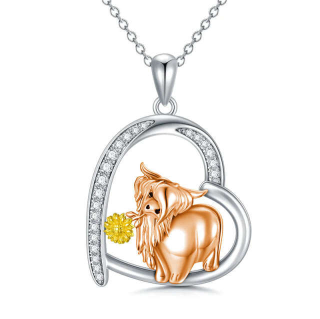 Sterling Silver Two-tone Circular Shaped Cubic Zirconia Highland Cow & Sunflower & Heart Pendant Necklace-1