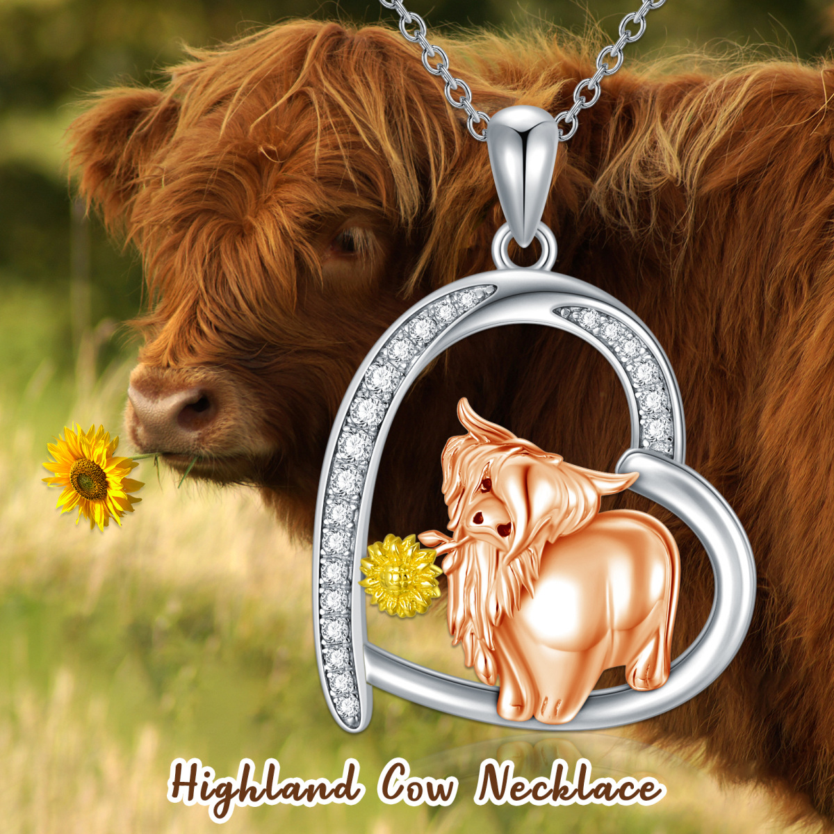 Sterling Silver Two-tone Circular Shaped Cubic Zirconia Highland Cow & Sunflower & Heart Pendant Necklace-3