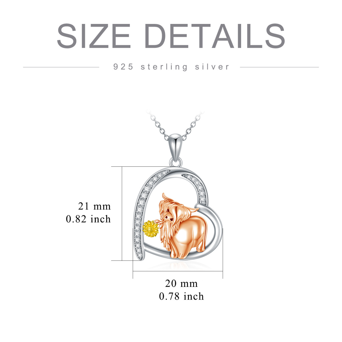 Sterling Silver Two-tone Circular Shaped Cubic Zirconia Highland Cow & Sunflower & Heart Pendant Necklace-4