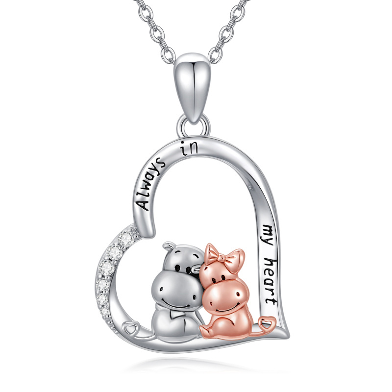 Sterling Silver Two-tone Circular Shaped Cubic Zirconia Hippo & Heart Pendant Necklace with Engraved Word-3
