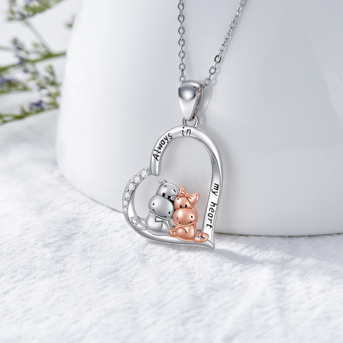 Sterling Silver Two-tone Circular Shaped Cubic Zirconia Hippo & Heart Pendant Necklace with Engraved Word-3