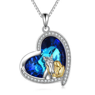 Sterling Silver Two-tone Circular Shaped Horse & Heart Crystal Pendant Necklace-17