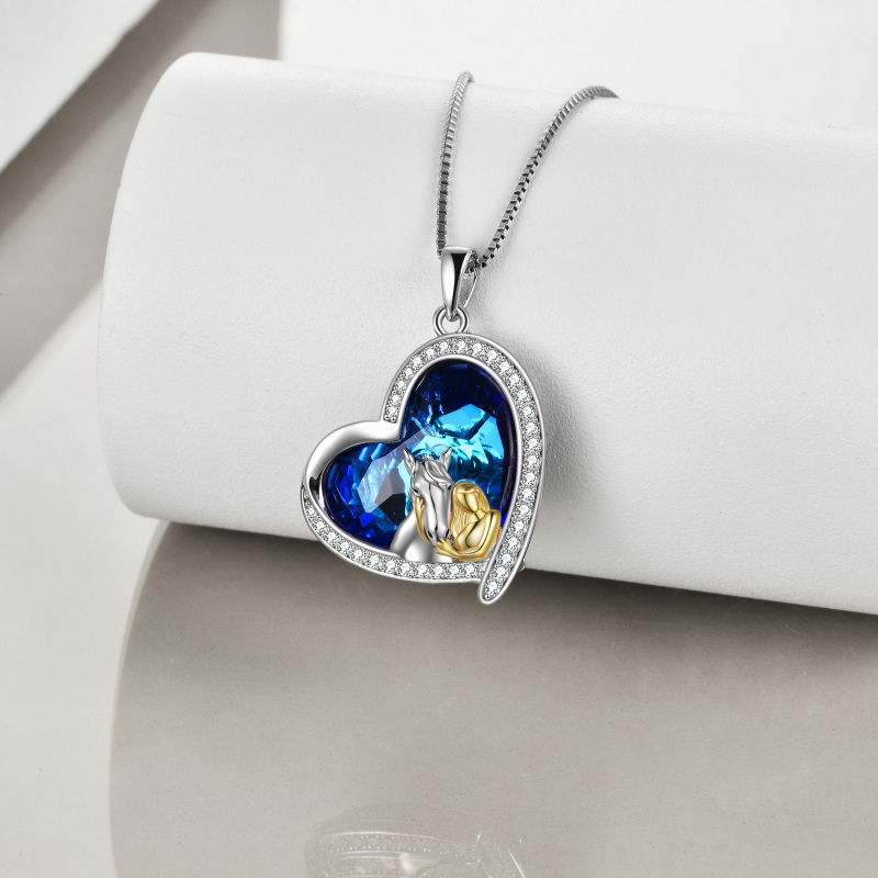 Sterling Silver Two-tone Circular Shaped Horse & Heart Crystal Pendant Necklace-3