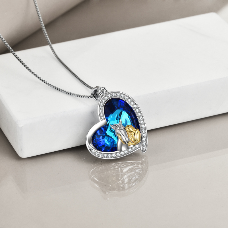 Sterling Silver Two-tone Circular Shaped Horse & Heart Crystal Pendant Necklace-4
