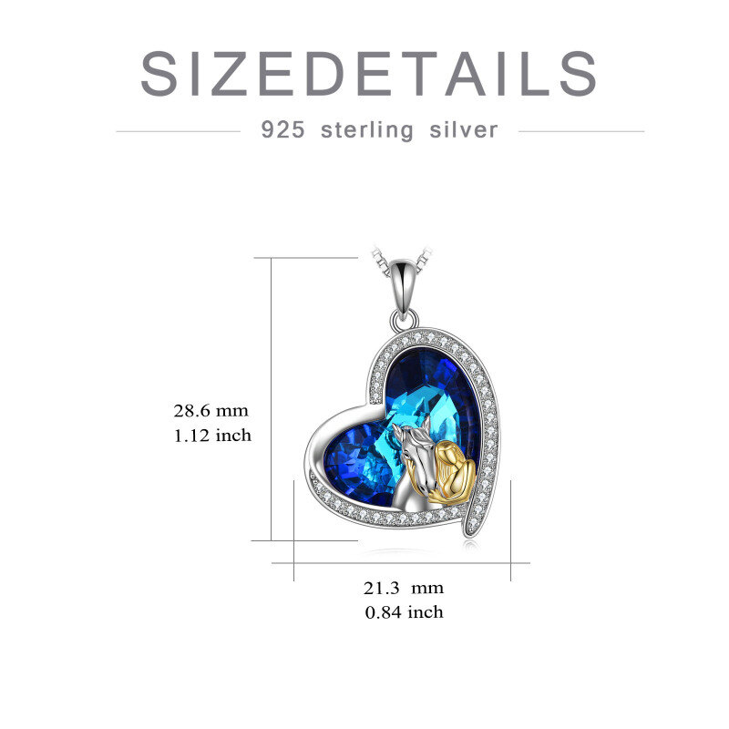 Sterling Silver Two-tone Circular Shaped Horse & Heart Crystal Pendant Necklace-5