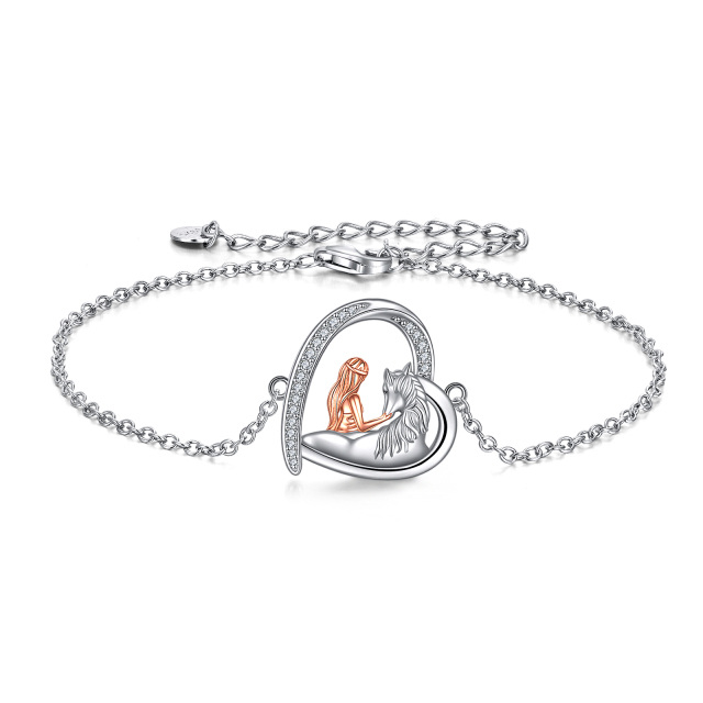 Pulsera de plata de ley bicolor con forma circular de circonita caballo y colgante corazón-1