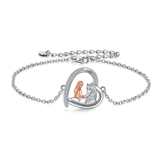 Sterling Silber zweifarbig kreisförmig Cubic Zirkonia Pferd & Herz-Anhänger-Armband