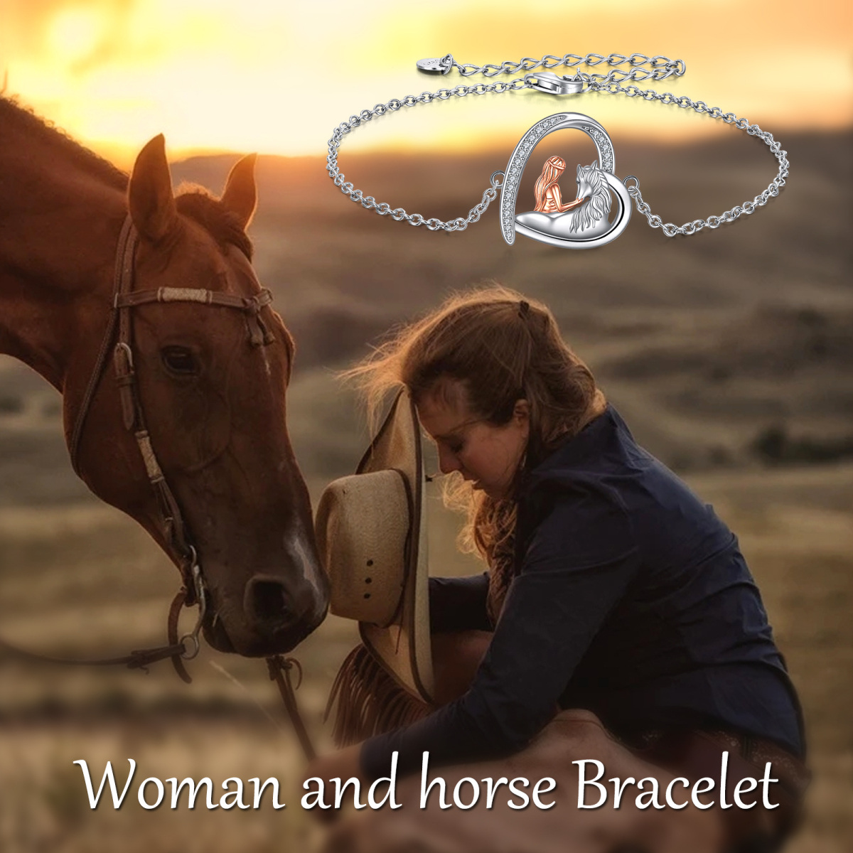 Sterling Silver Two-tone Circular Shaped Cubic Zirconia Horse & Heart Pendant Bracelet-6