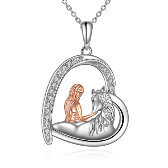 Sterling Silver Two-tone Circular Shaped Cubic Zirconia Horse & Heart Pendant Necklace