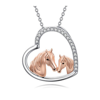 Sterling Silver Two-tone Circular Shaped Cubic Zirconia Horse & Heart Pendant Necklace-44