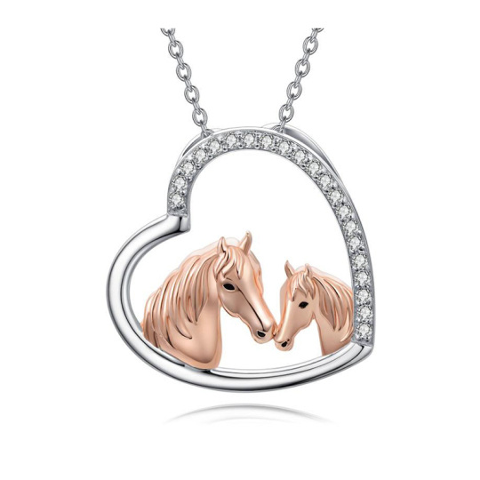 Sterling Silver Two-tone Circular Shaped Cubic Zirconia Horse & Heart Pendant Necklace