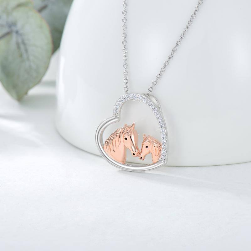 Sterling Silver Two-tone Circular Shaped Cubic Zirconia Horse & Heart Pendant Necklace-3