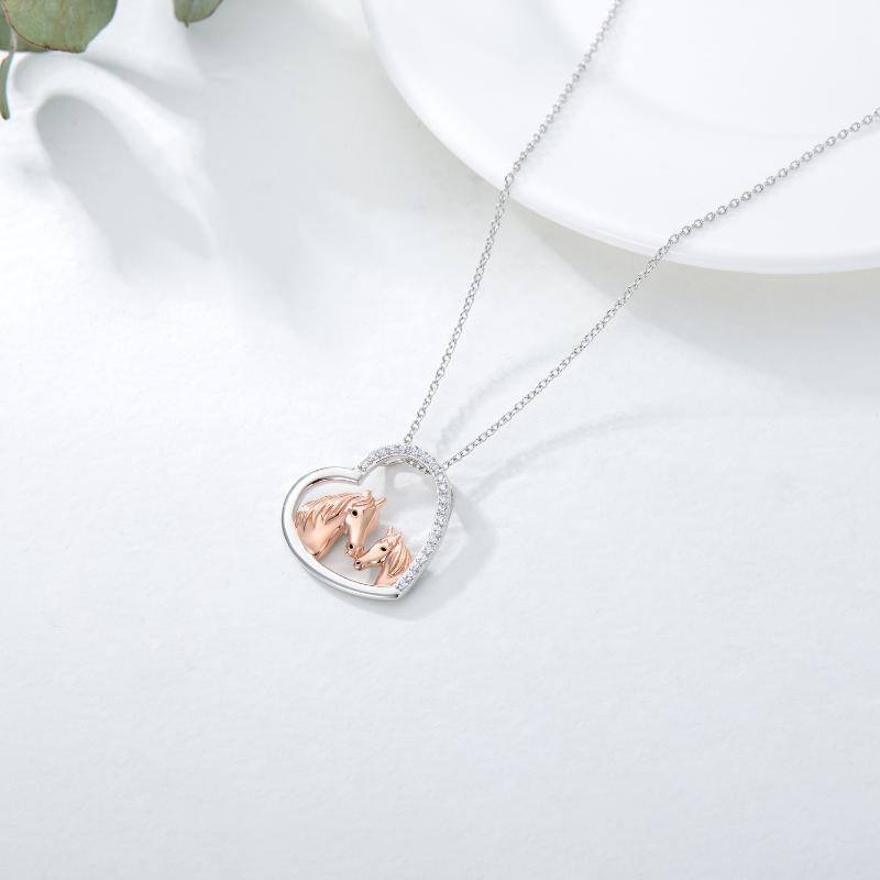 Collana in argento sterling bicolore a forma di cerchio con ciondolo a forma di cuore e di cavallo-4