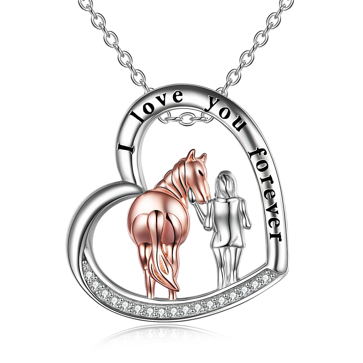 Sterling Silver Two-tone Circular Shaped Cubic Zirconia Horse & Heart Pendant Necklace with Engraved Word-1