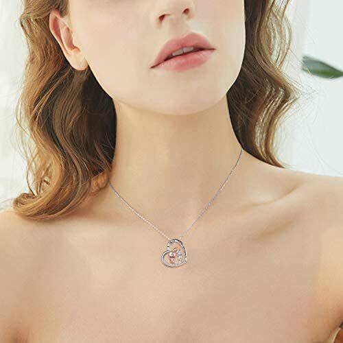 Sterling Silver Two-tone Circular Shaped Cubic Zirconia Horse & Heart Pendant Necklace with Engraved Word-2