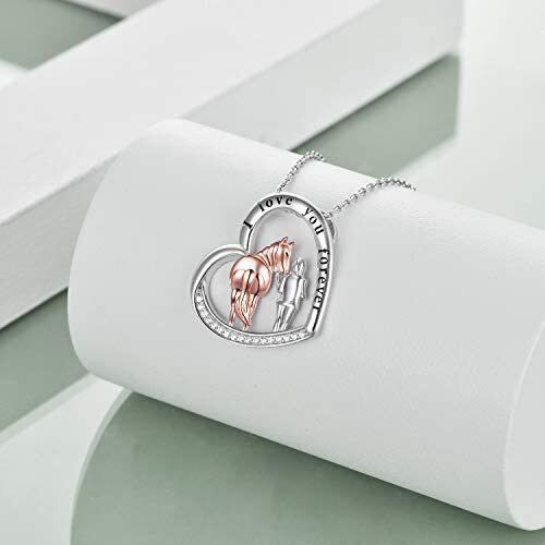 Sterling Silver Two-tone Circular Shaped Cubic Zirconia Horse & Heart Pendant Necklace with Engraved Word-3