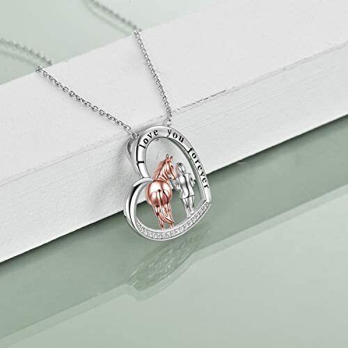 Sterling Silver Two-tone Circular Shaped Cubic Zirconia Horse & Heart Pendant Necklace with Engraved Word-4