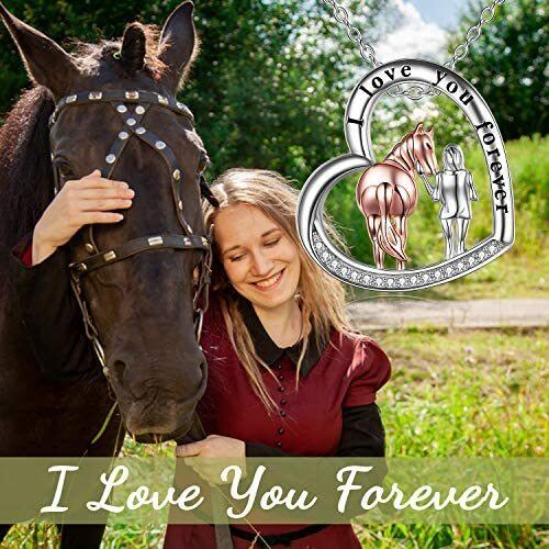 Sterling Silver Two-tone Circular Shaped Cubic Zirconia Horse & Heart Pendant Necklace with Engraved Word-6