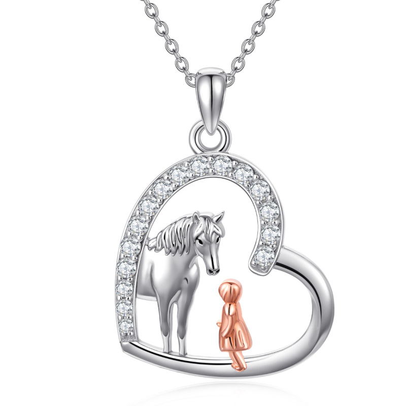 Sterling Silver Two-tone Circular Shaped Cubic Zirconia Horse & Heart Pendant Necklace-15