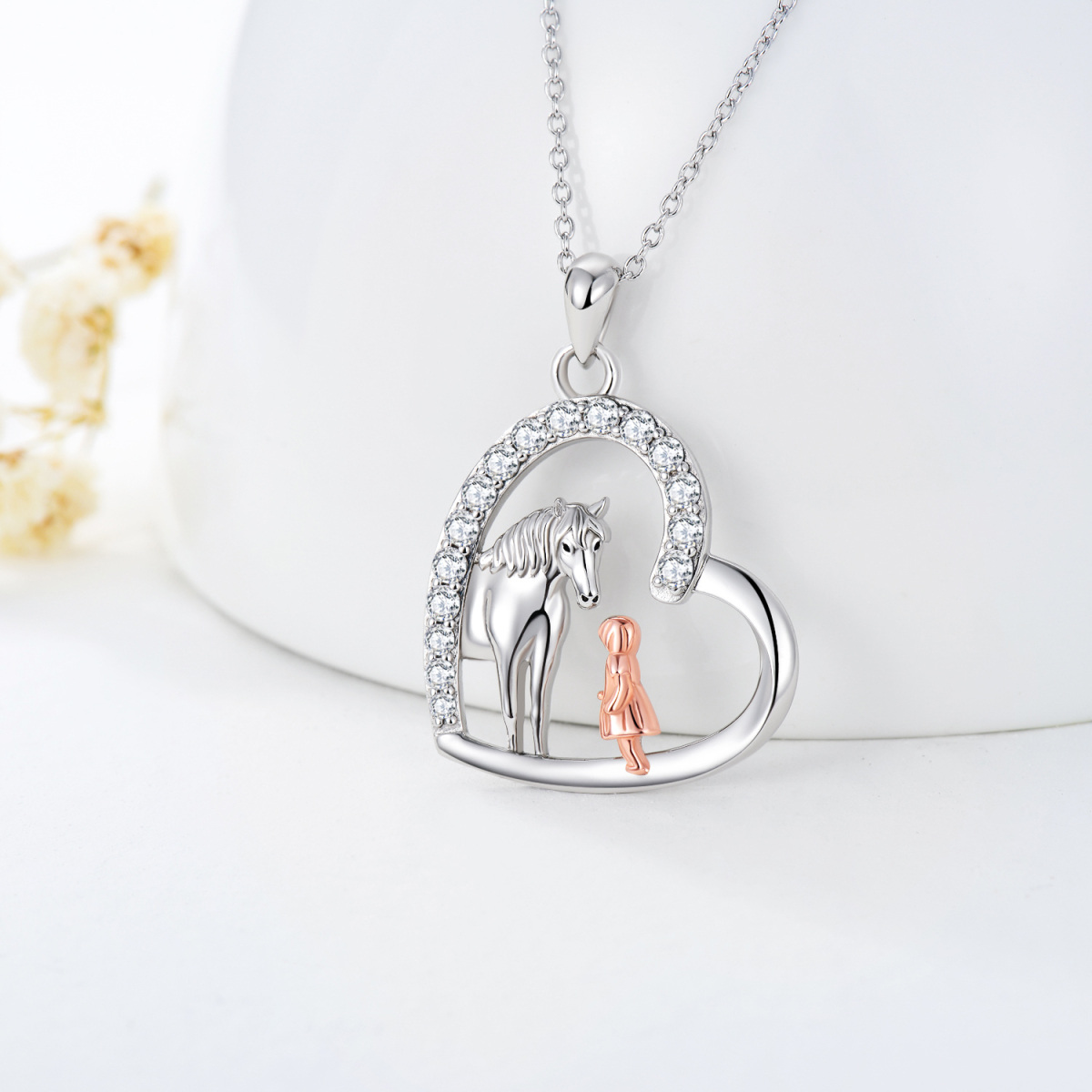 Sterling Silver Two-tone Circular Shaped Cubic Zirconia Horse & Heart Pendant Necklace-3