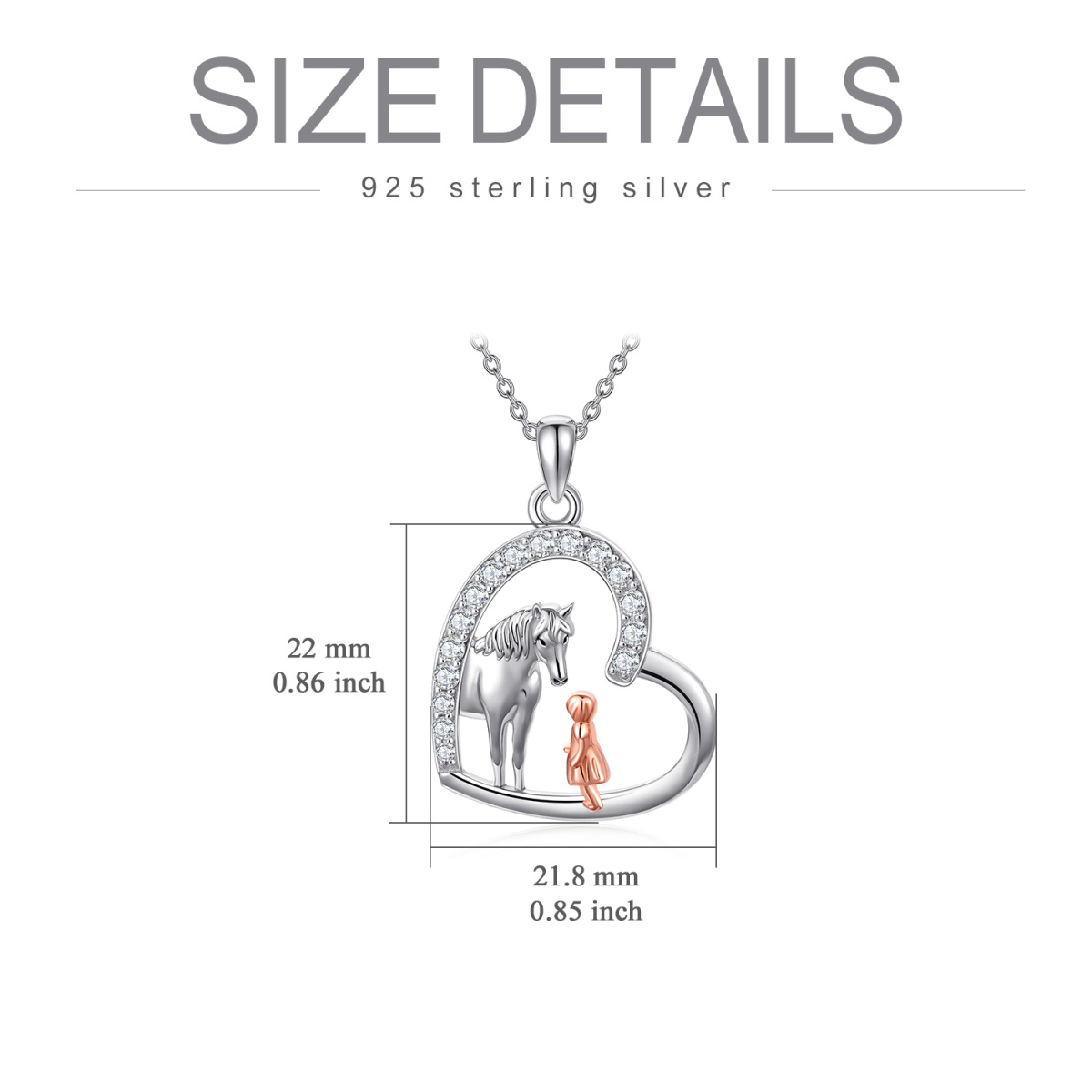 Sterling Silber zweifarbig kreisförmig Cubic Zirkonia Pferd & Herz-Anhänger Halskette-5