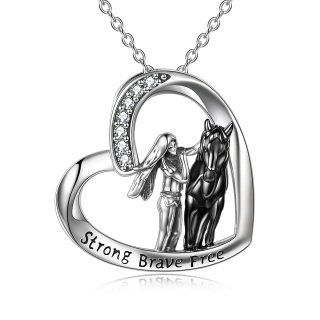 Sterling Silver Two-tone Circular Shaped Cubic Zirconia Horse & Heart Pendant Necklace with Engraved Word-58