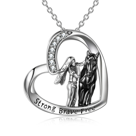 Sterling Silver Two-tone Circular Shaped Cubic Zirconia Horse & Heart Pendant Necklace with Engraved Word