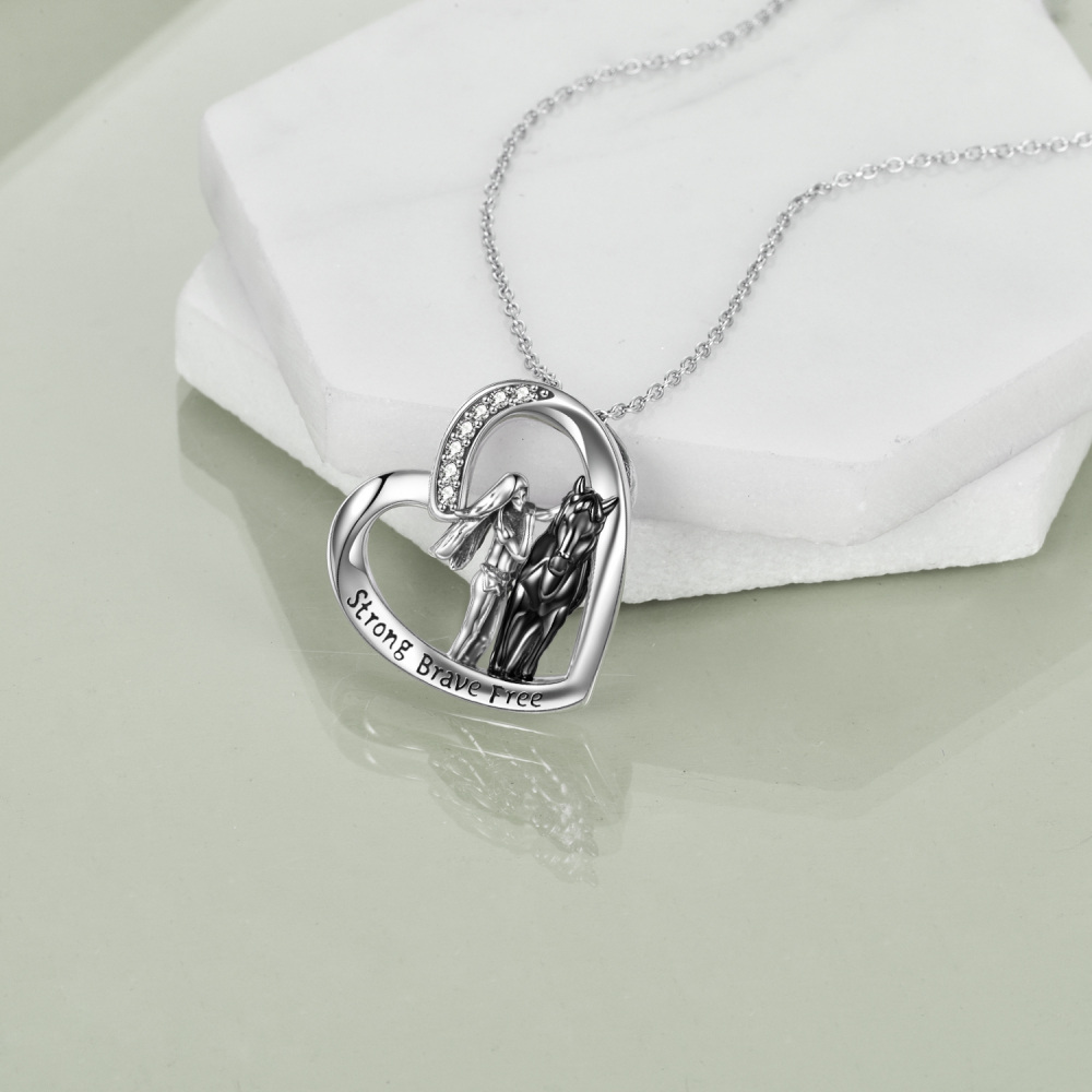 Sterling Silver Two-tone Circular Shaped Cubic Zirconia Horse & Heart Pendant Necklace with Engraved Word-3