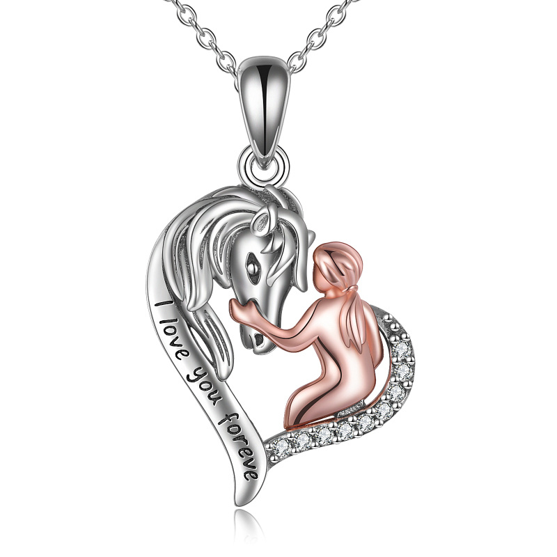 Sterling Silver Two-tone Circular Shaped Horse & Heart Pendant Necklace with Engraved Word-18