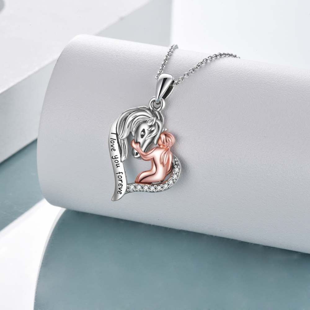 Collar de plata de ley de dos tonos con forma circular de caballo y colgante de corazón co-3