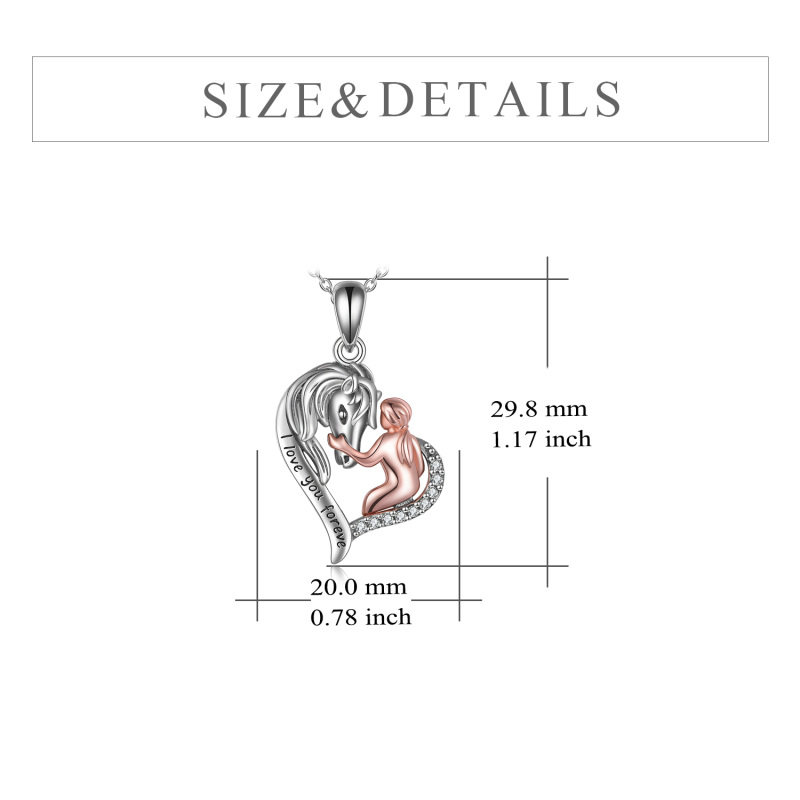 Sterling Silver Two-tone Circular Shaped Horse & Heart Pendant Necklace with Engraved Word-5