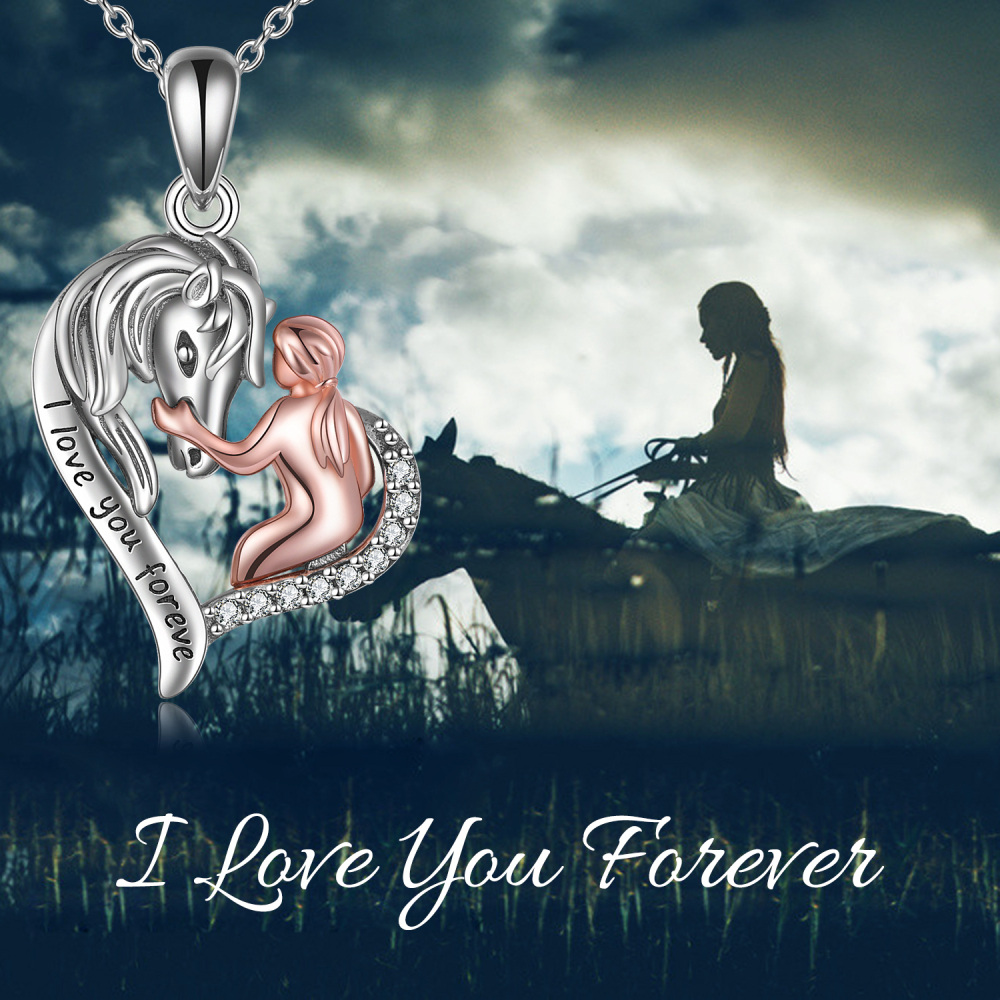 Collar de plata de ley de dos tonos con forma circular de caballo y colgante de corazón co-6
