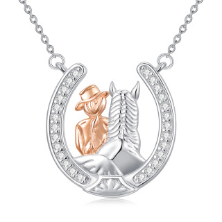 Sterling Silver Two-tone Circular Shaped Cubic Zirconia Horse Pendant Necklace-6