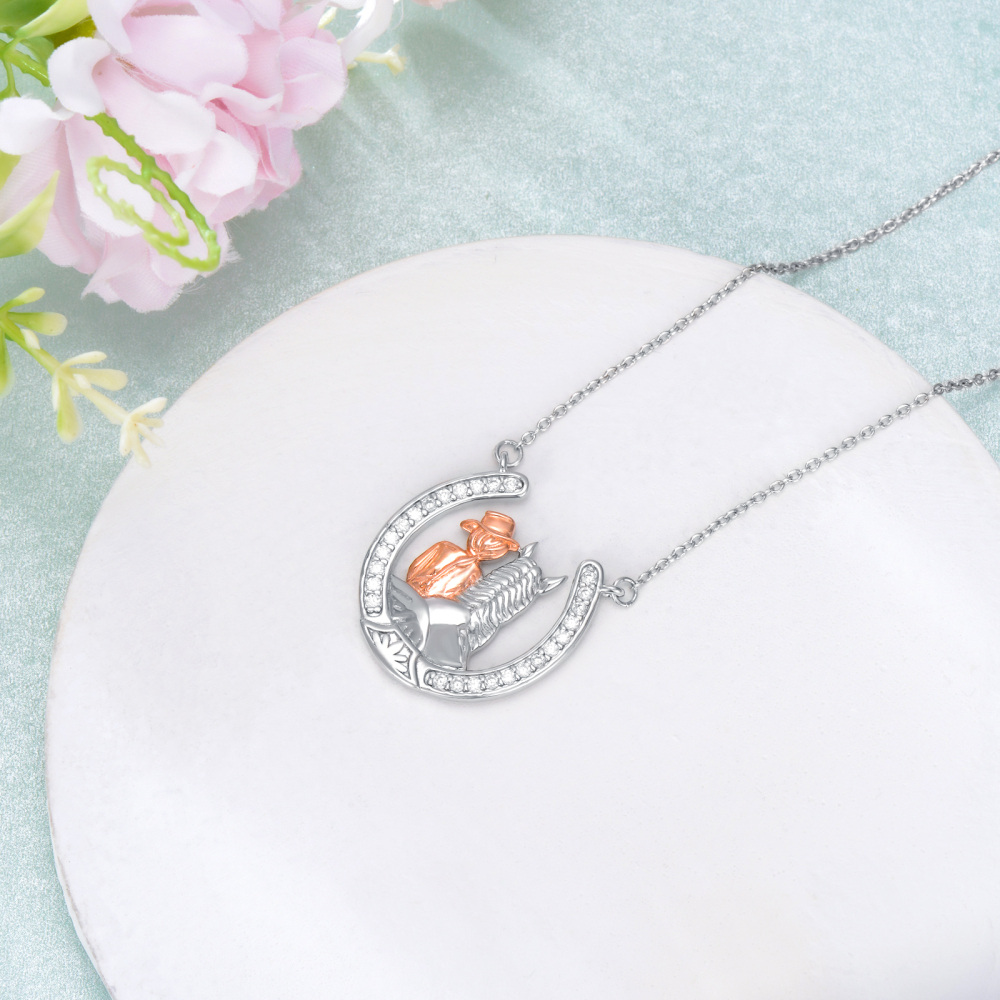 Sterling zilveren tweekleurige ronde zirkoon paarden hanger ketting-3