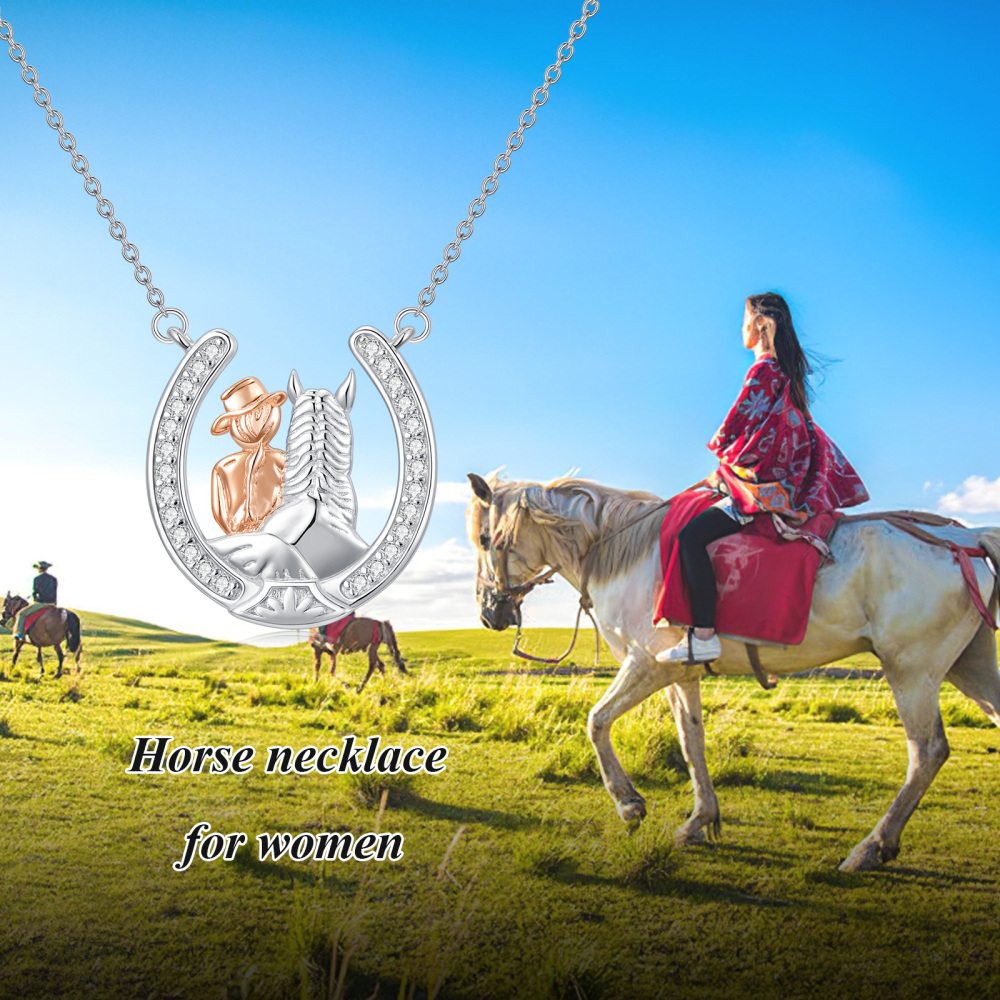 Sterling zilveren tweekleurige ronde zirkoon paarden hanger ketting-6
